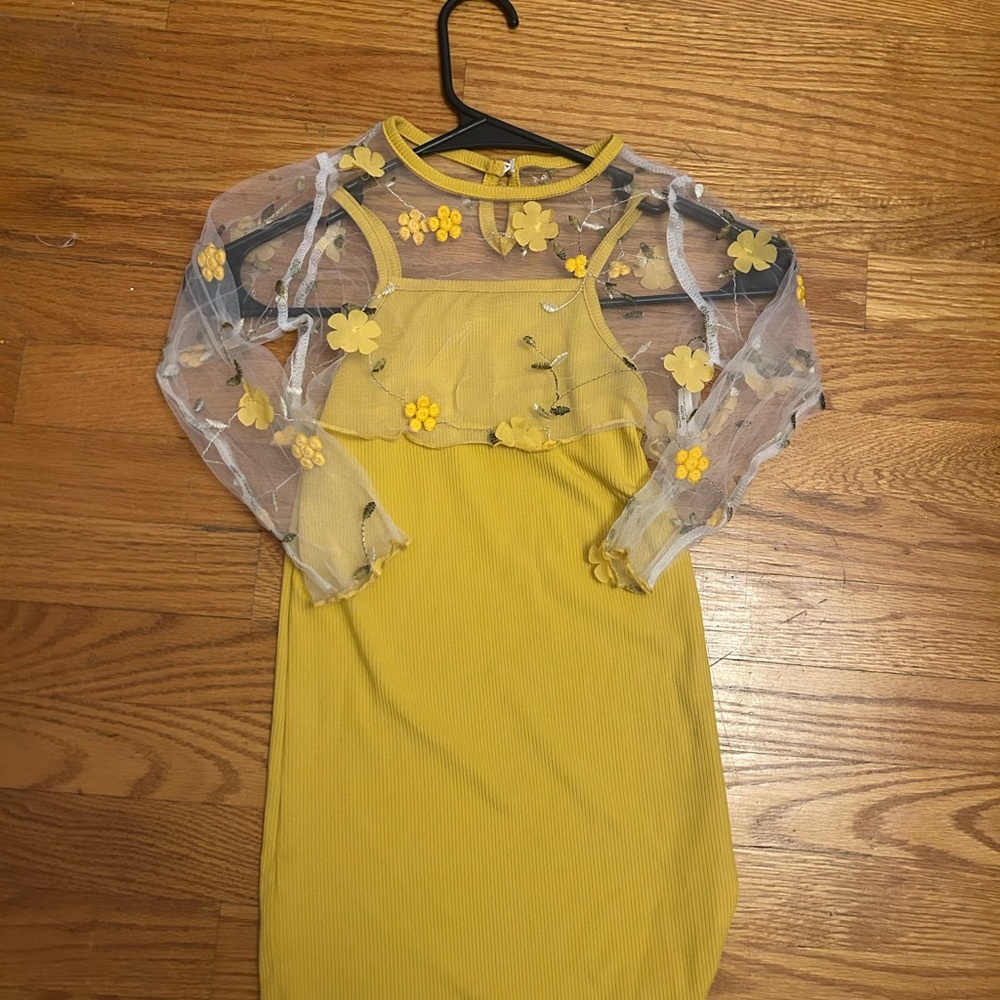 Yellow Dress with Sheer Floral Sleeves